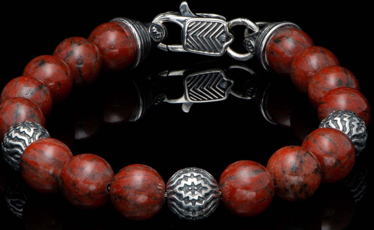 William Henry Seaside Red Jasper Bracelet Features Three Finely Sculpted Beads In Sterling Silver Are Surrounded By The Rich Tones Of Red Sesame Jasper  All Threaded Onto Our Welded Stainless Steel Aircraft Cable For Durability